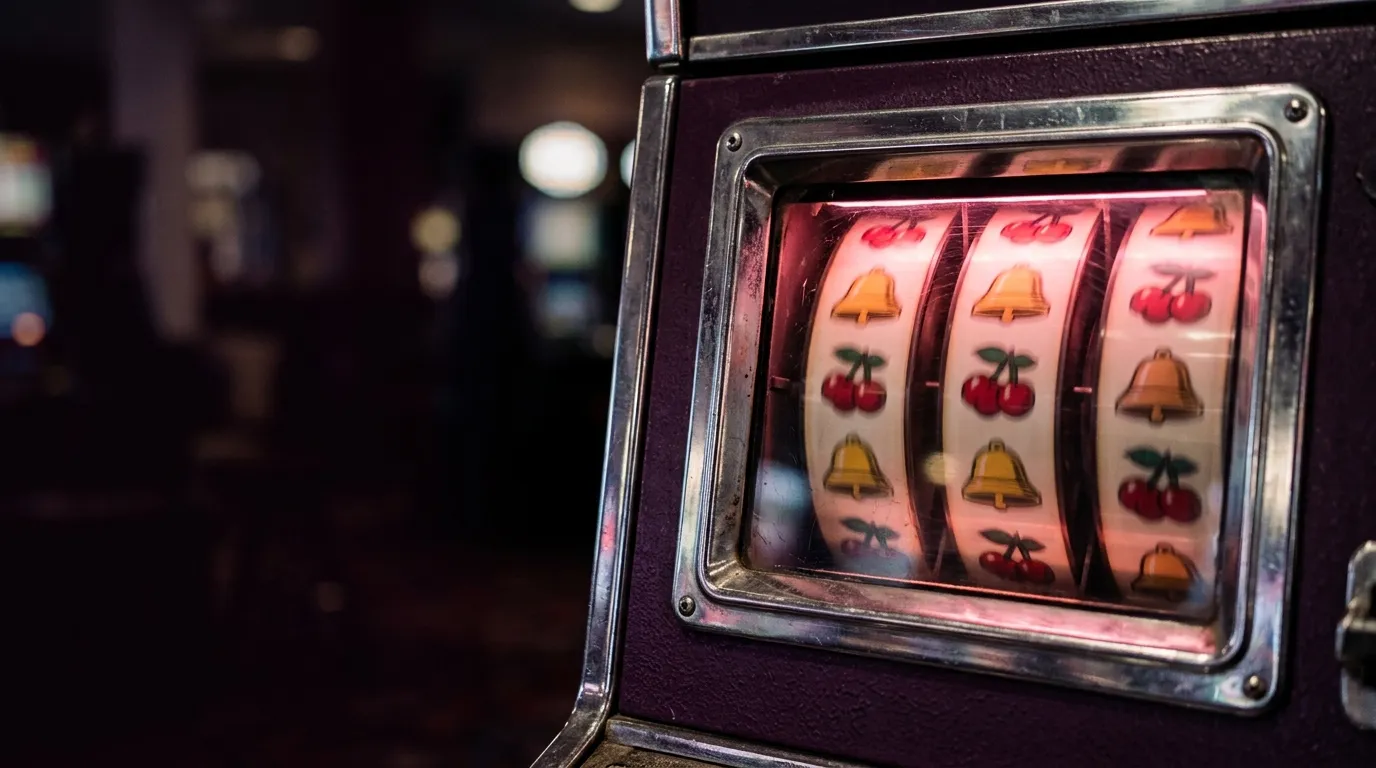 Rolos de uma slot machine clássica com cerejas e sinos